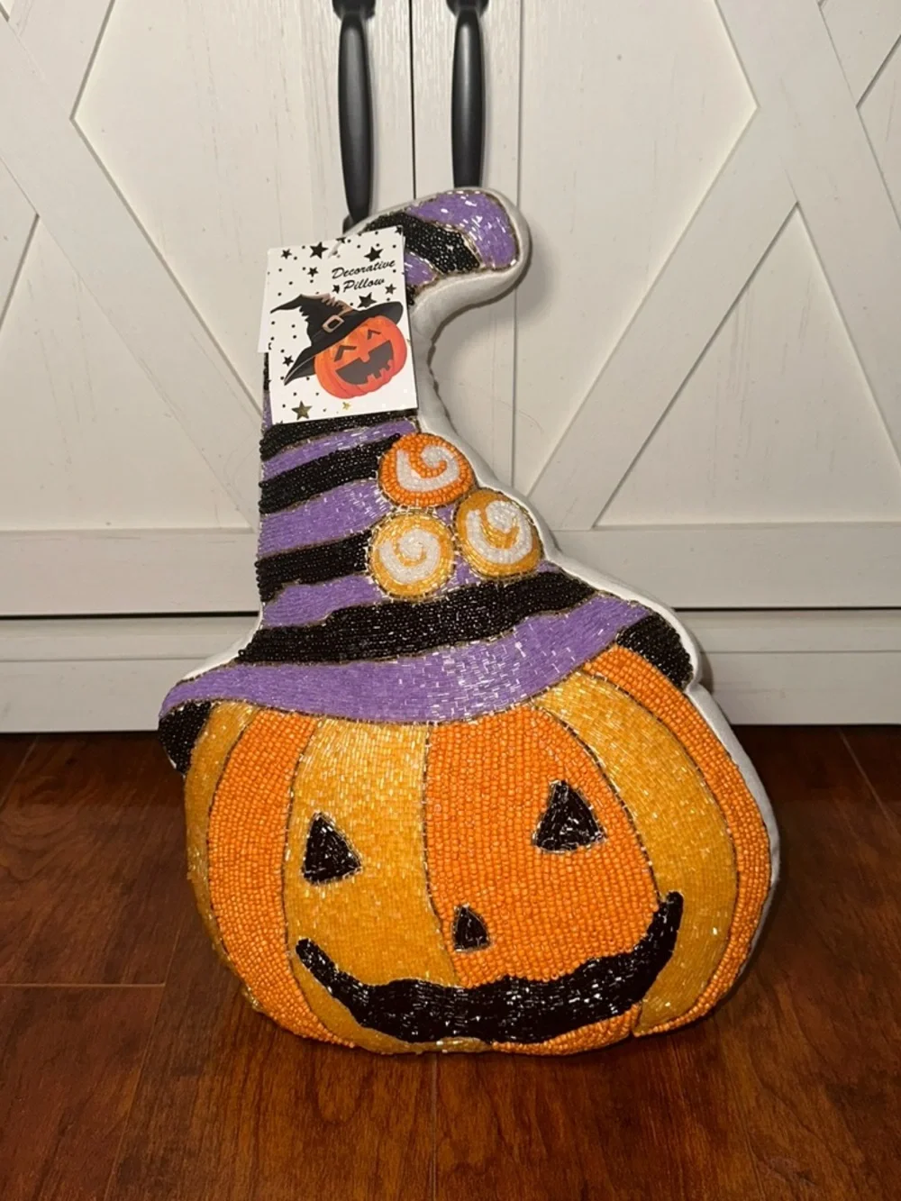 Halloween Pumpkin with Witch Hat Beaded Decorative Pillow